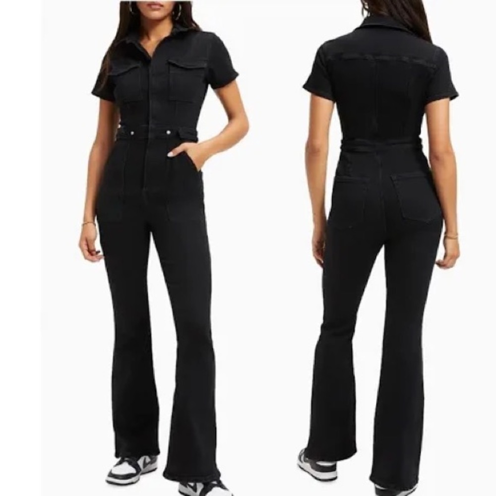 NWT Good American Fit For Success Black Denim Jumpsuit Flare Leg XL $199